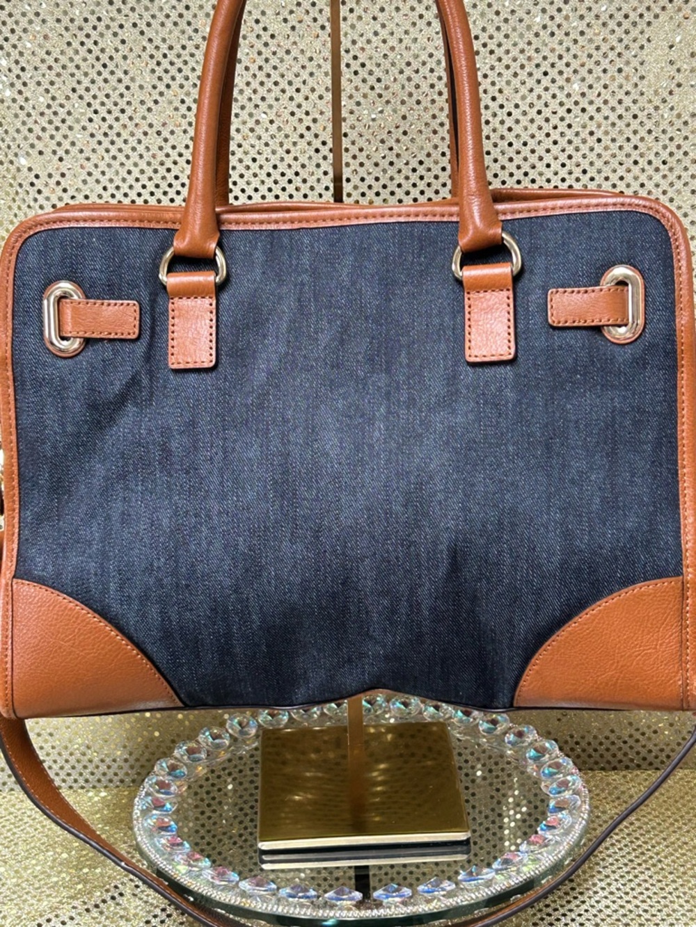 MICHAEL Michael Kors Navy Denim and Brown Leather Tote Approx. 15 x 11 x 4 - Picture 3 of 17